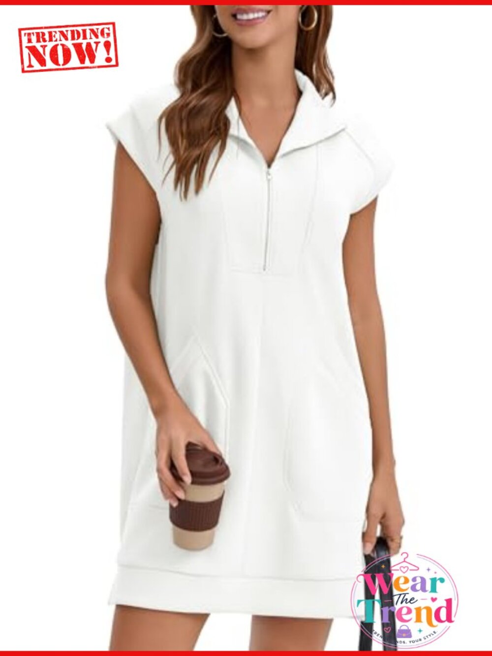 Half Zip Polo Dress Cap Sleeve Collared Mini Tunic Summer Dress Pockets